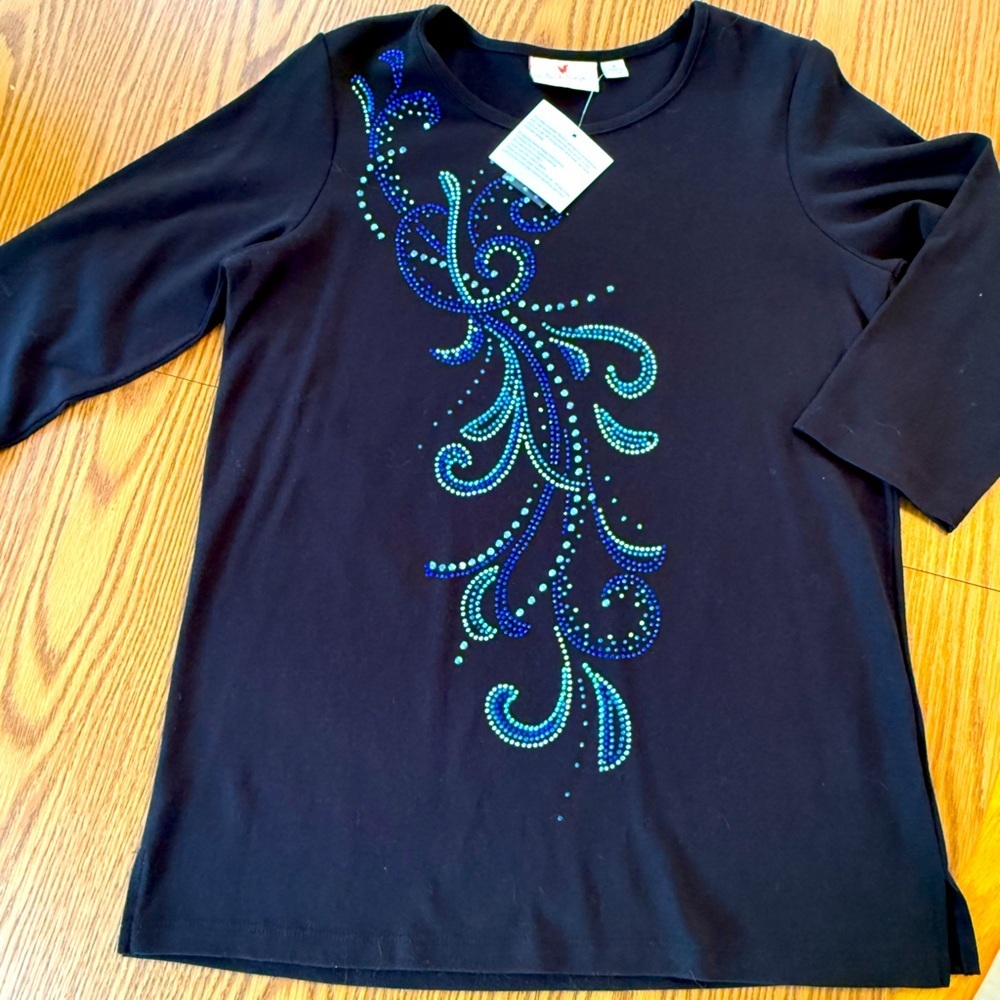 Quacker Factory Embellished Elegant Black & Blue Women's Top, 3/4 sleeve
